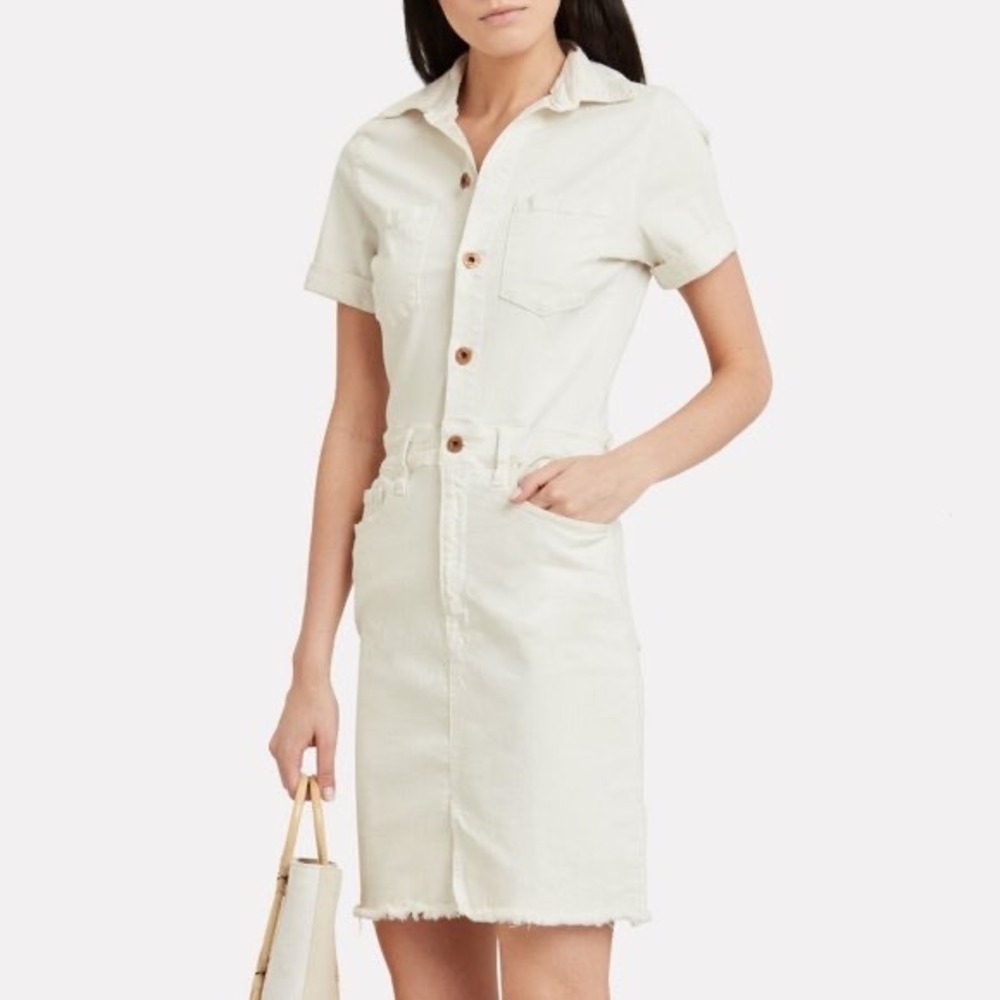 NSF Clothing Womens Utility Off White Denim Button Front Shirt Dress Raw Hem M